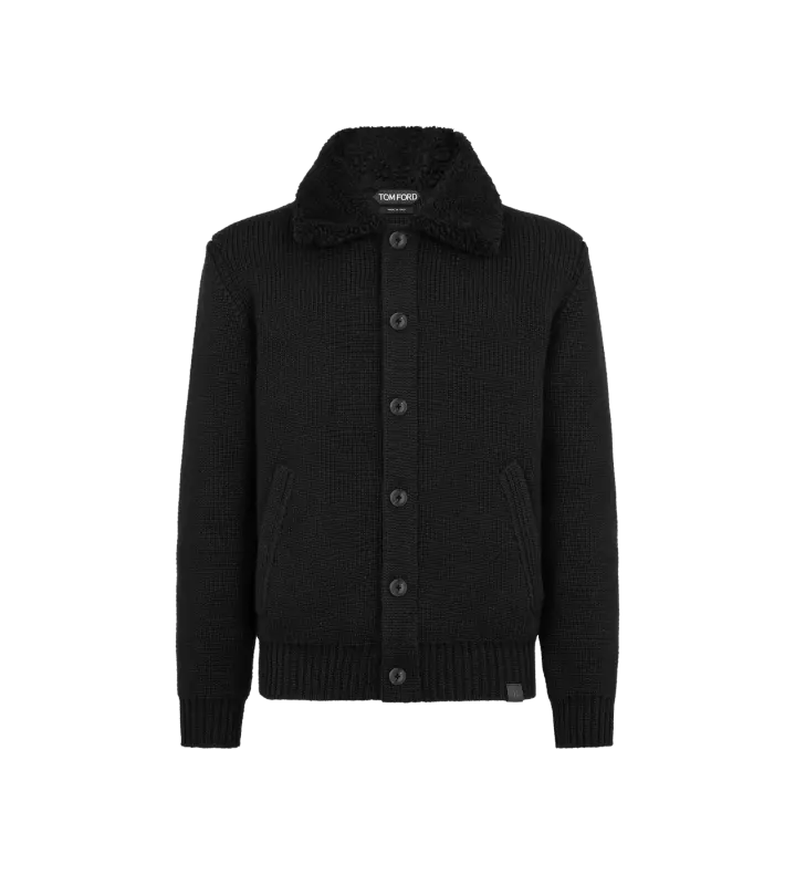 SHEARLING COLLAR CASHMERE CARDIGAN BLACK online